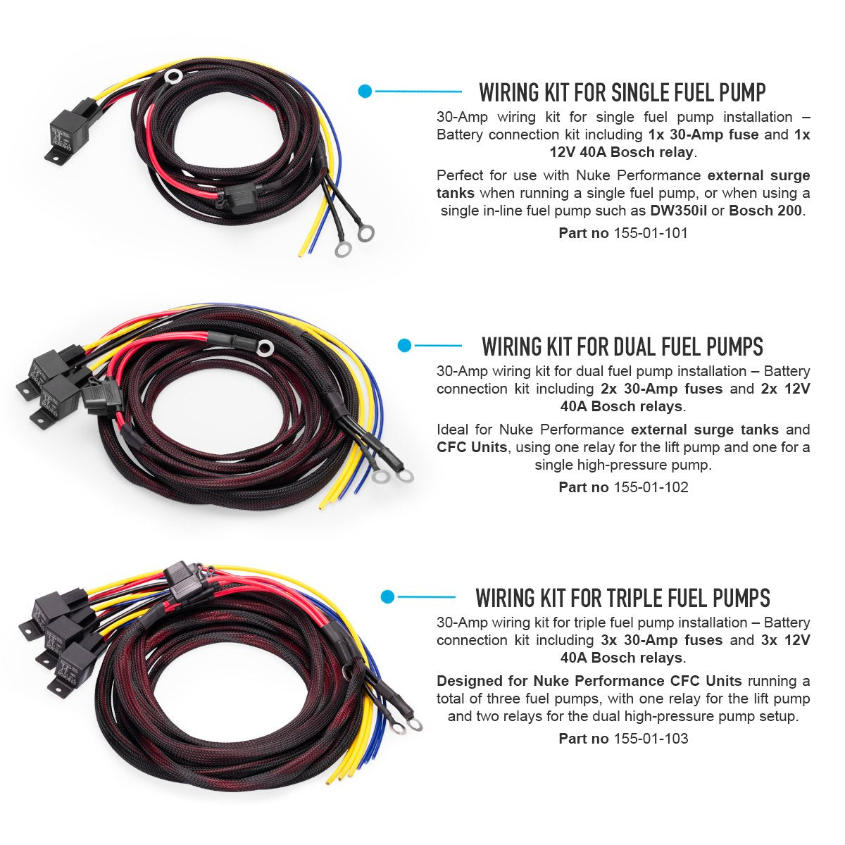 Nuke Performance - Wiring kit for triple fuel pumps, 30-Amp, battery connection