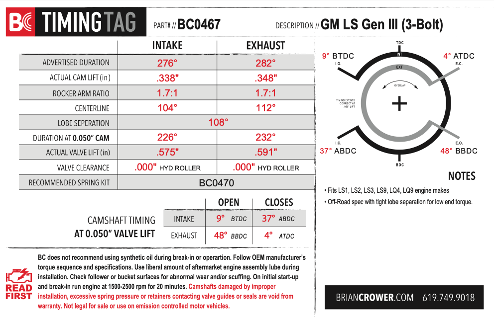 Brian Crower GM LS Gen III/Gen IV Stage 3 Off-Road Camshaft - 3 Bolt