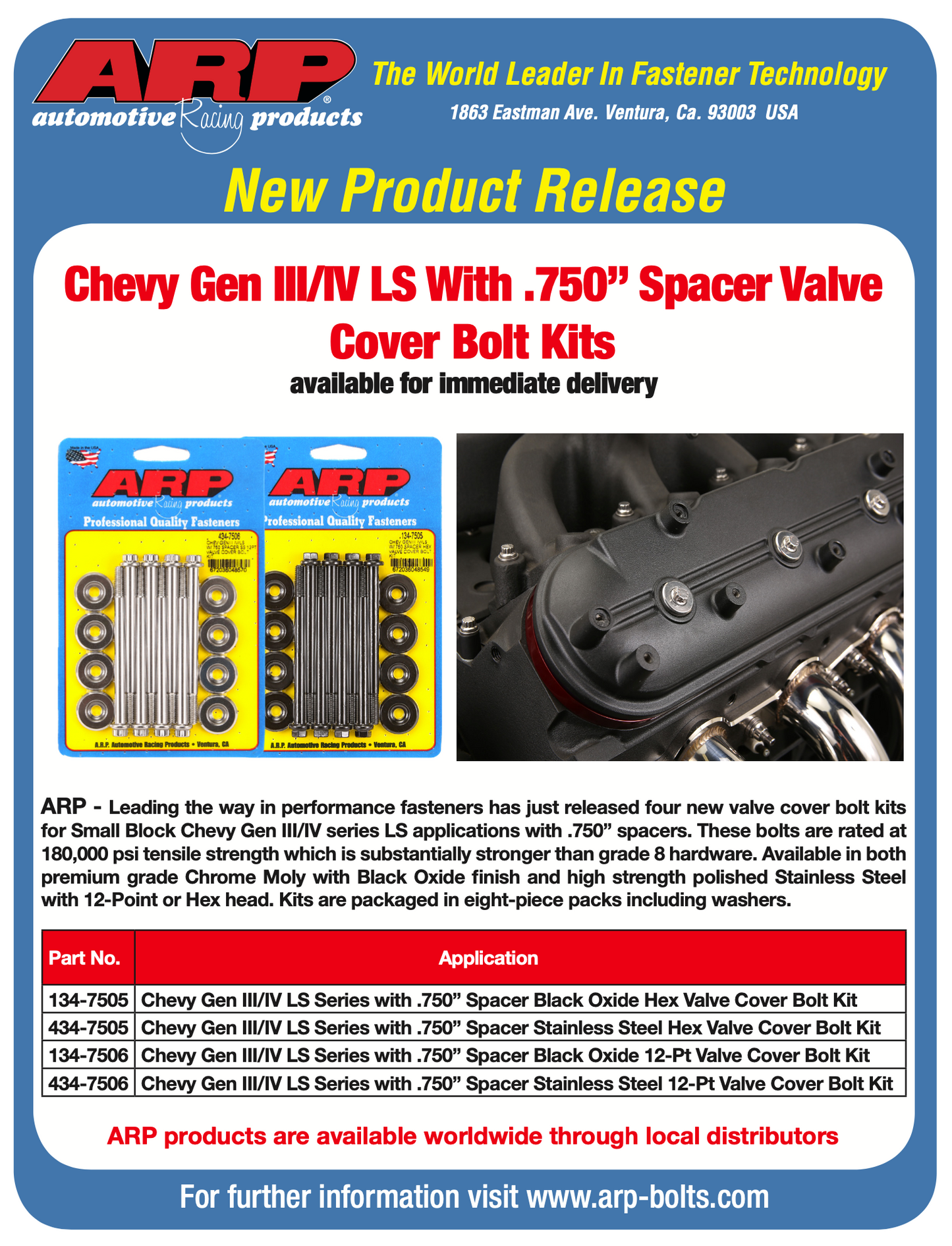 ARP Small Block Chevy GENIII/IV LS Series .750 Spacer Hex Valve Cover Bolt Kit - Black
