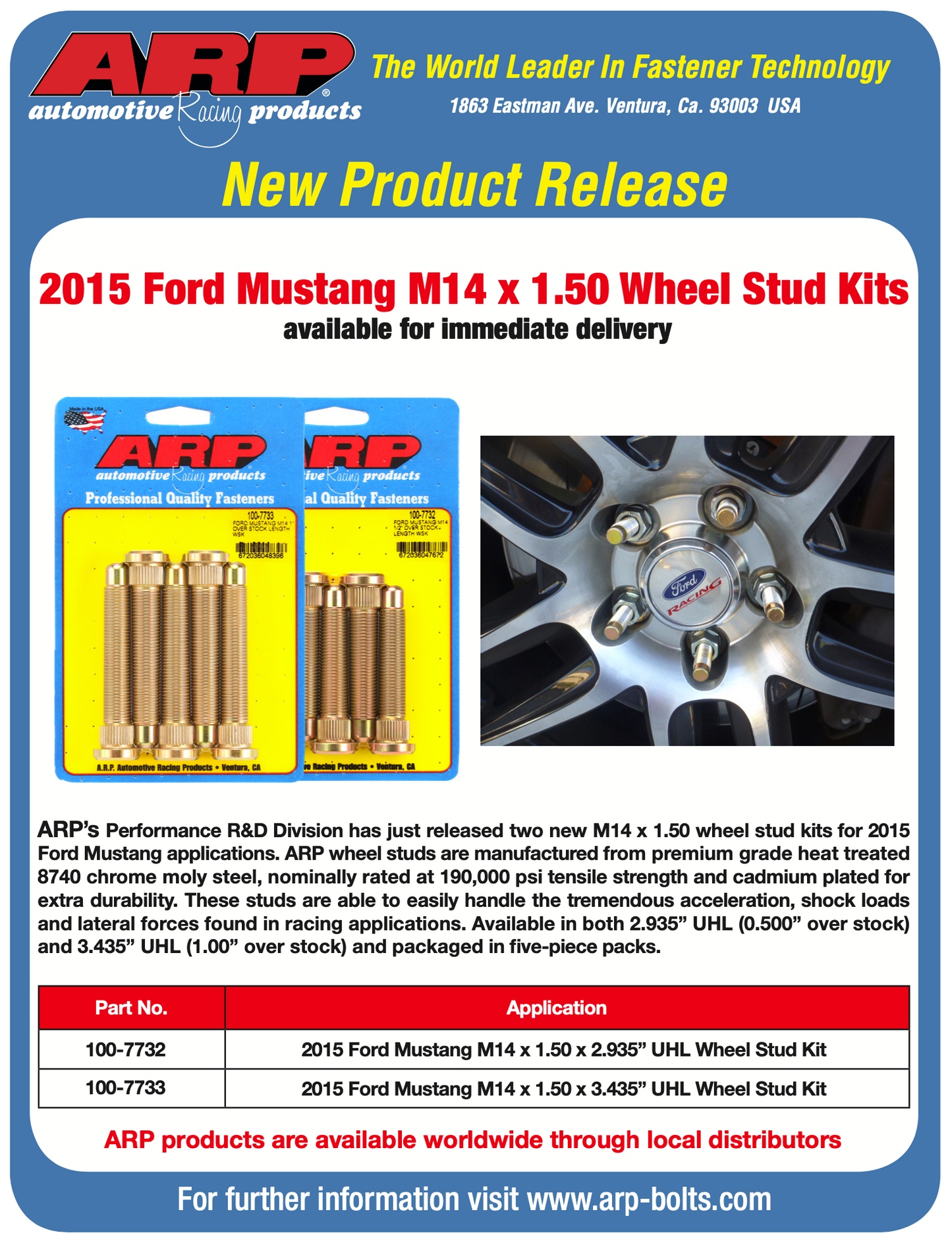 ARP 2015 Ford Mustang M14 1in Over Stock Length Wheel Stud Kit