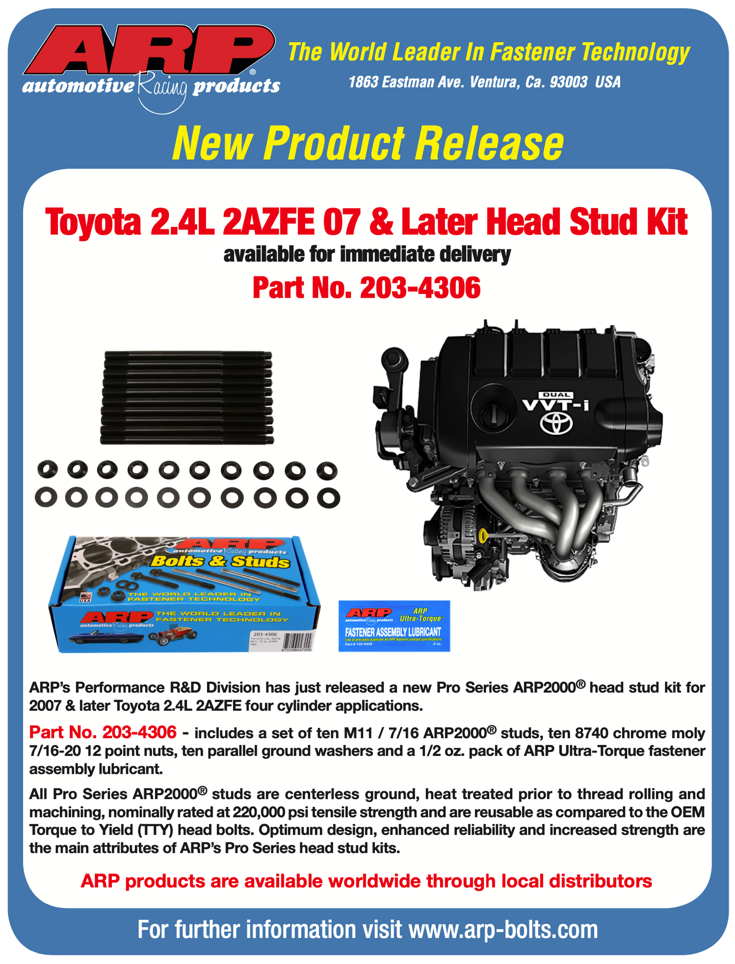 ARP Toyota 2AZFE 2.4L 4cyl 2007 & Later Head Stud Kit