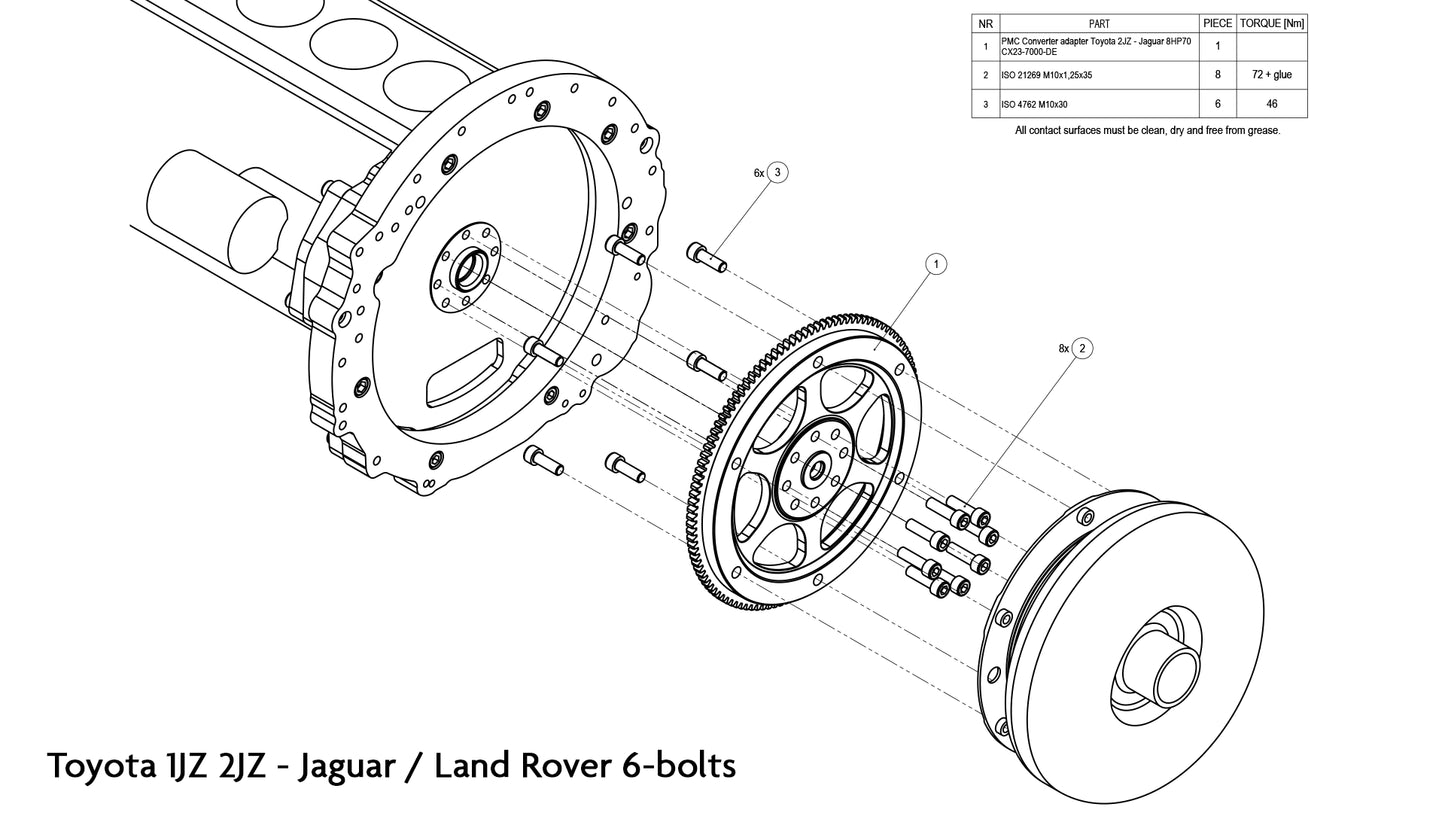 PMC Motorsport - Adapter Toyota JZ 1JZ 2JZ - ZF 8HP Jaguar Land Rover (6-bolt torque converter)