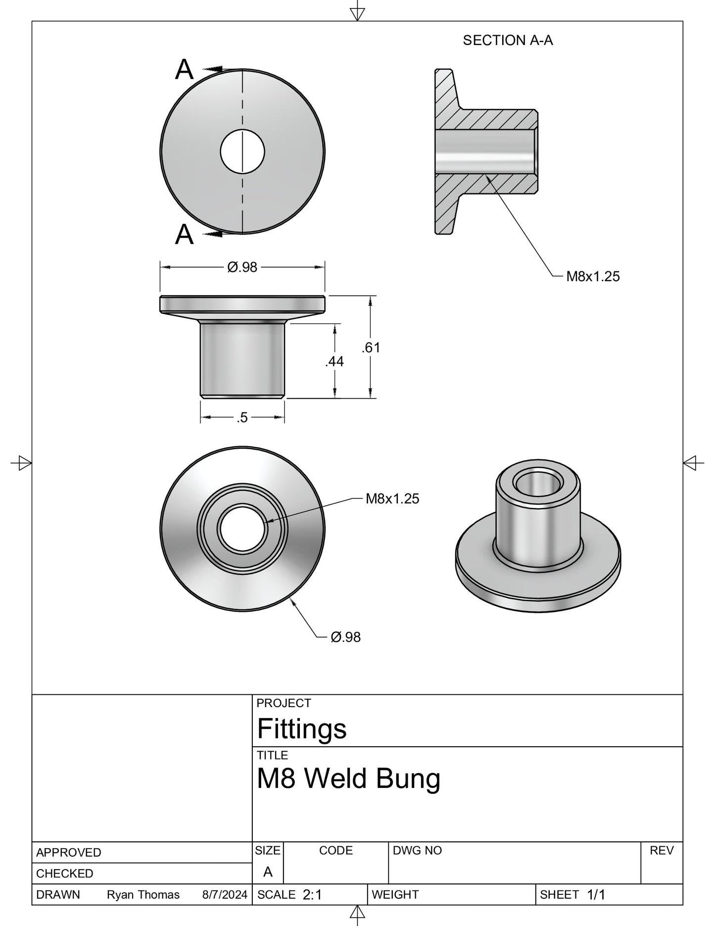 True Focus Fabrication - M8x1.25 Threaded Aluminum Weld Fitting