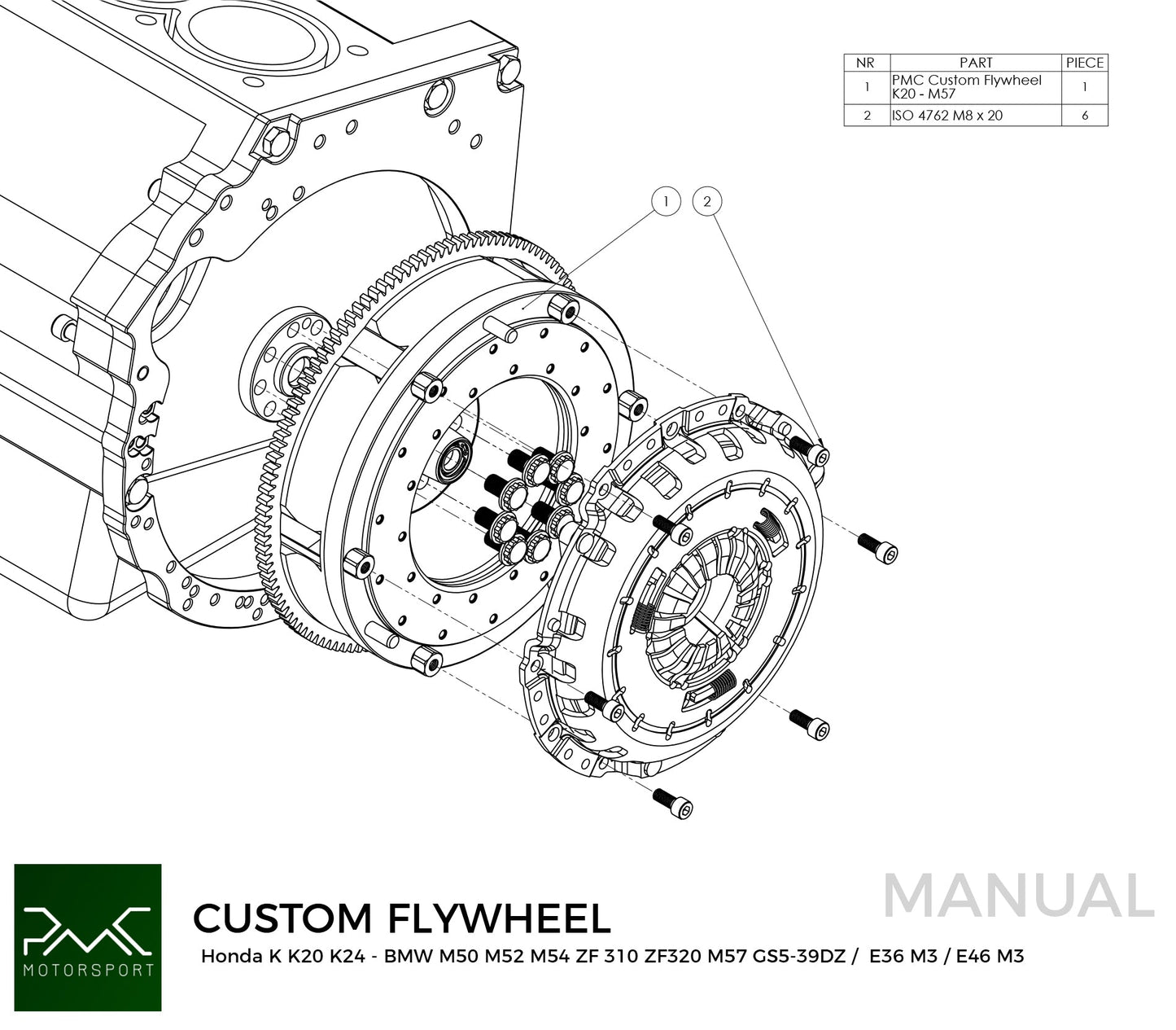PMC Motorsport - Adapter kit Honda K K20 K24 - BMW M50 S50 M52 S52 M54 - 240mm / 9.45" (A-K-M50-240)