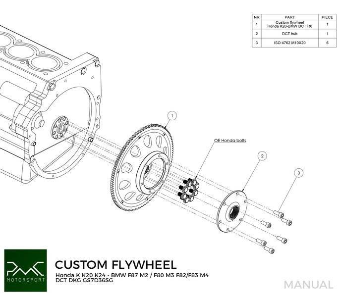 PMC Motorsport - Adapter Kit Honda K K20 K24 - BMW DCT DKG Getrag GS7D36SG N54 N55 S55 (V) (A-KV-DCT6)
