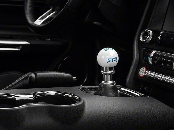 RTR - WHITE SHIFT KNOB - BLUE ENGRAVING (15-23 MUSTANG - GT, ECOBOOST, V6)