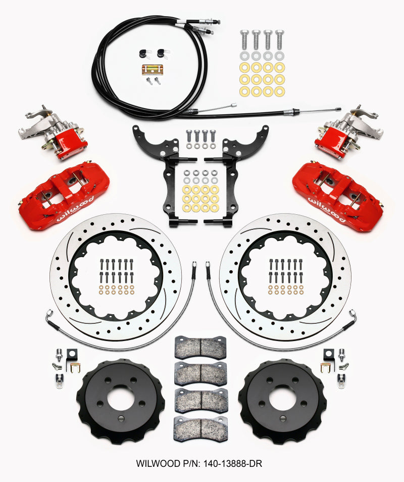 Wilwood AERO4 / MC4 Rear Kit 14.00 Drilled Red 2015-Up Mustang com linhas e cabos