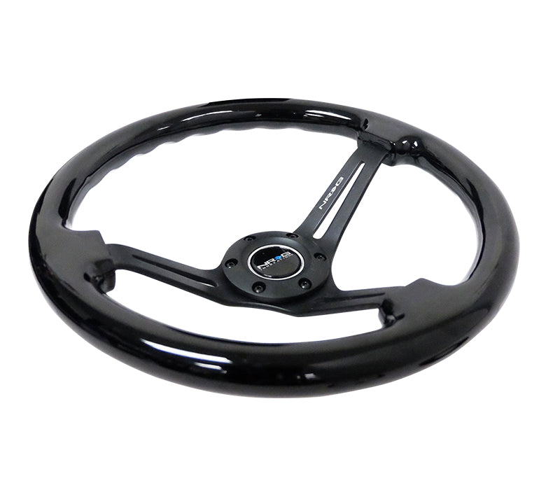 NRG - REINFORCED CLASSIC WOOD GRAIN WHEEL, 350MM, 3 SPOKE SLOTTED CENTER BLACK WITH BLACK PAINTED WOOD