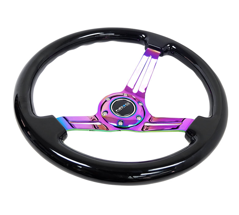 NRG - REINFORCED CLASSIC WOOD GRAIN WHEEL 350MM 3 SPOKE SLOTTED CENTER NEOCHROME BLACK PAINTED WOOD