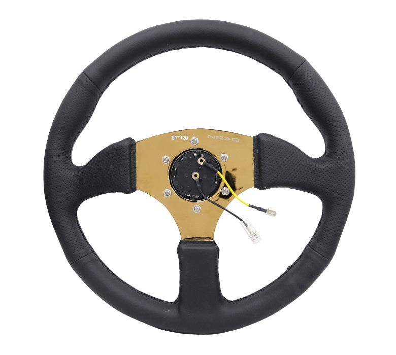 NRG - REINFORCED STEERING WHEEL- 350MM SPORT LEATHER RACING (2.5" DEEP) COMFORT GRIP 4MM METAL GOLD SPOKE