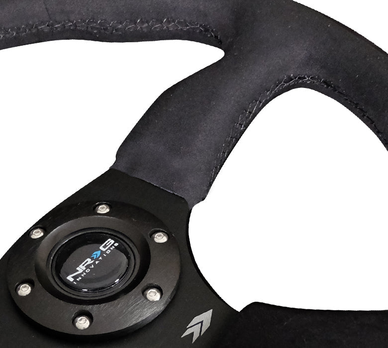 NRG - REINFORCED STEERING WHEEL- 350MM SPORT SUEDE RACING (2.5" DEEP) COMFORT GRIP, 5MM MATTE BLACK SPOKE