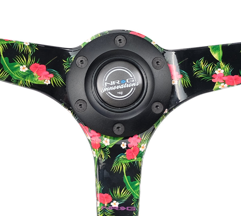 NRG Reinforced Steering Wheel (350mm / 3in. Deep) Black Suede w/ 5mm Floral 3-Spoke Center