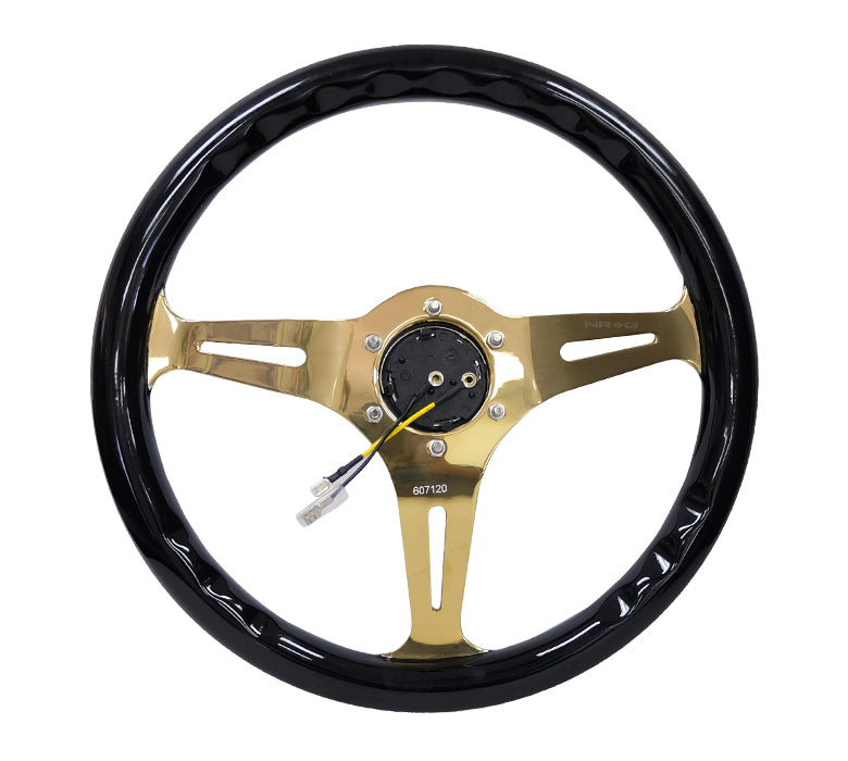 NRG - CLASSIC WOOD GRAIN WHEEL - 350MM 3 CHROME GOLD SPOKES - BLACK GRIP