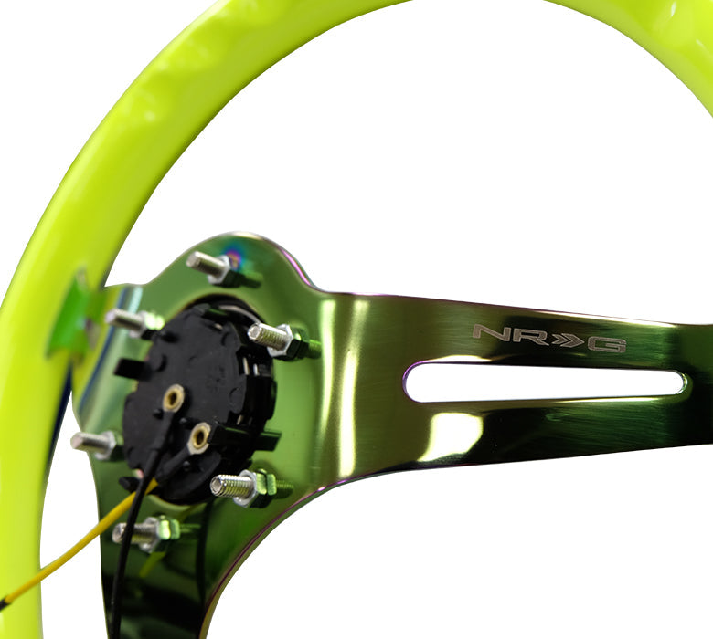 NRG - CLASSIC WOOD GRAIN WHEEL - 350MM 3 NEOCHROME SPOKES - NEON YELLOW PAINT