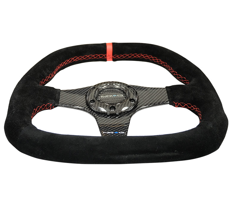 NRG - CARBON FIBER STEERING WHEEL 320MM BLACK CF CENTER W/ BLACK STITCH RED CENTER MARK FLAT BOTTOM