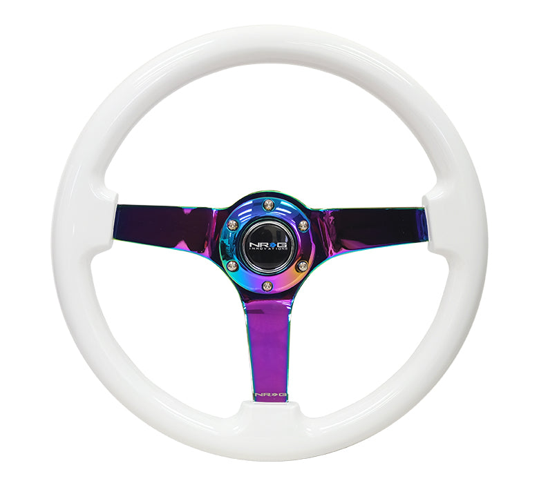 NRG -REINFORCED STEERING WHEEL - CLASSIC WHITE WOOD GRAIN (3" DEEP) 350MM,3 SPOKE CENTER IN NEOCHROME