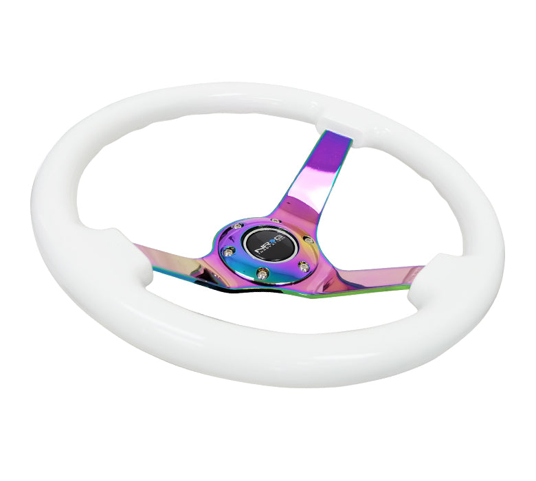 NRG -REINFORCED STEERING WHEEL - CLASSIC WHITE WOOD GRAIN (3" DEEP) 350MM,3 SPOKE CENTER IN NEOCHROME