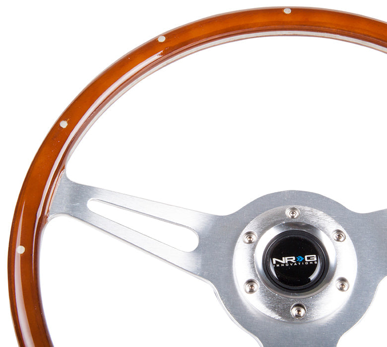 NRG - CLASSIC WOOD GRAIN WHEEL 365MM 3 SPOKE CENTER IN POLISHED ALUMINUM WOOD WITH METAL ACCENTS