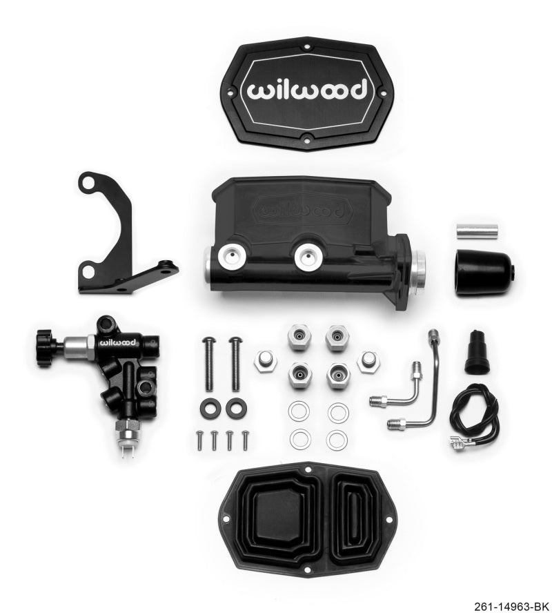Wilwood Compact Tandem M/C - Furo de 1 polegada - com suporte e válvula (Pushrod) - Preto