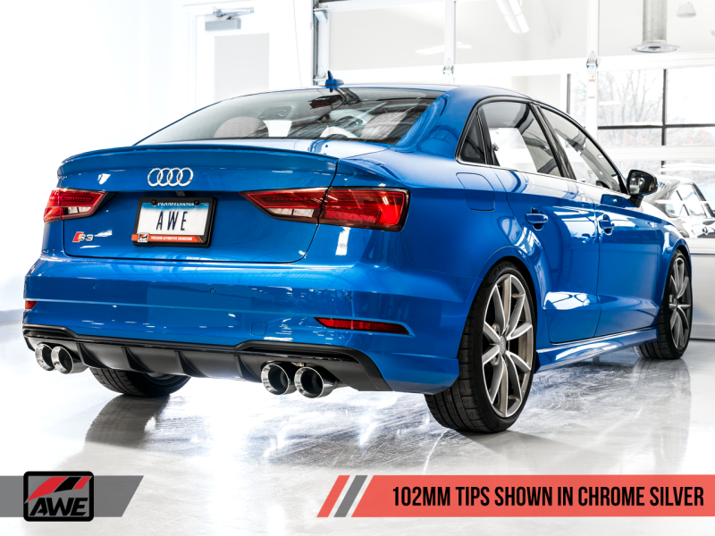 Escape AWE Tuning Audi 8V S3 SwitchPath com ponteiras cromadas 102 mm