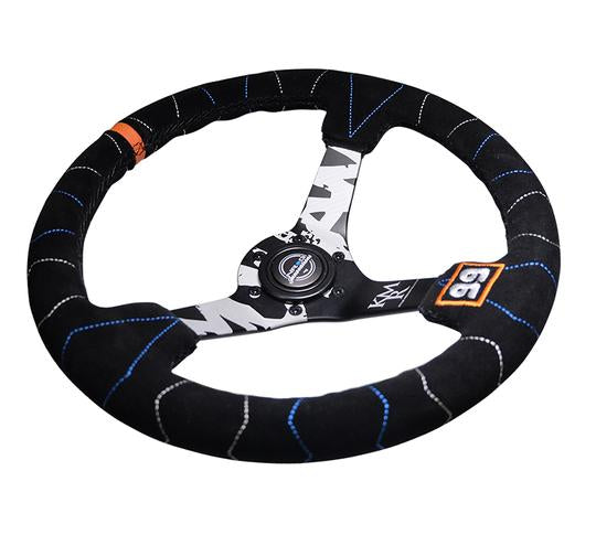 NRG - Reinforced Steering Wheel (350mm / 3in. Deep) Blk Suede w/Color Stitch (Kyle Mohan Edition)