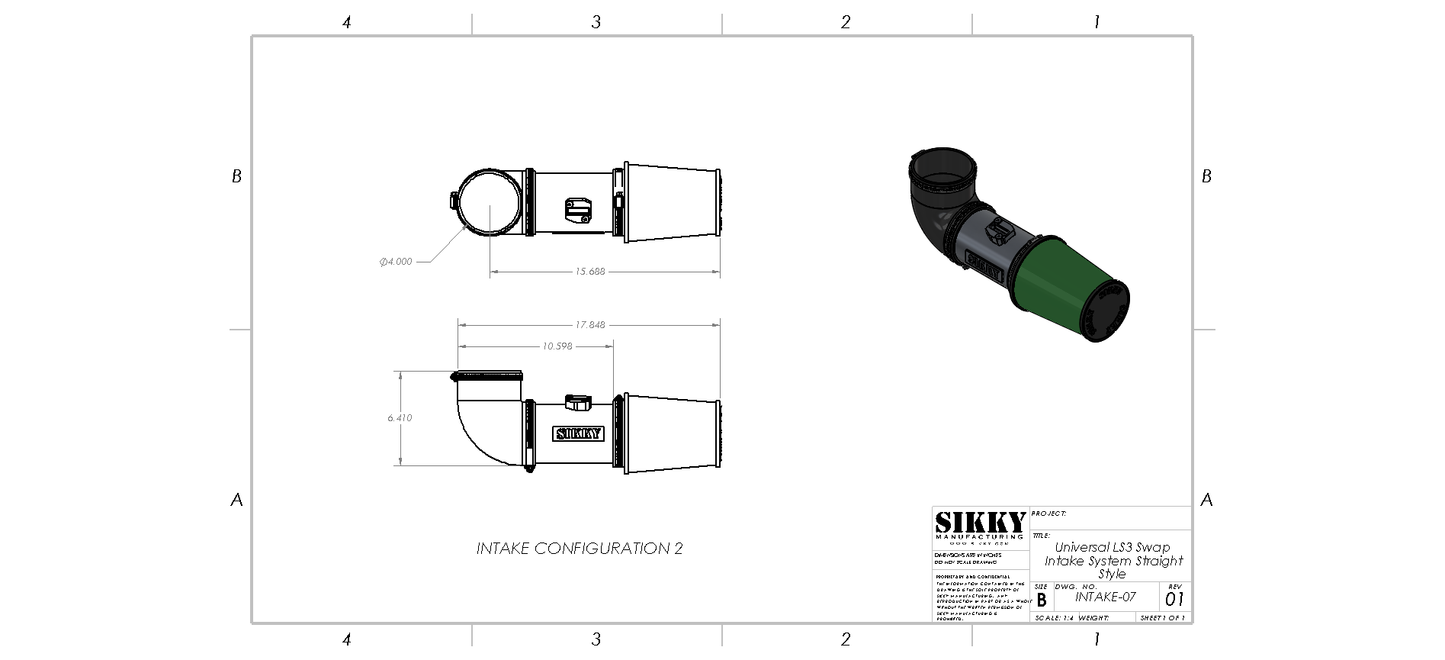 Sikky Manufacturing - Sistema de admissão de ar de troca universal LS3 - design reto curto (SM-Intake-07)