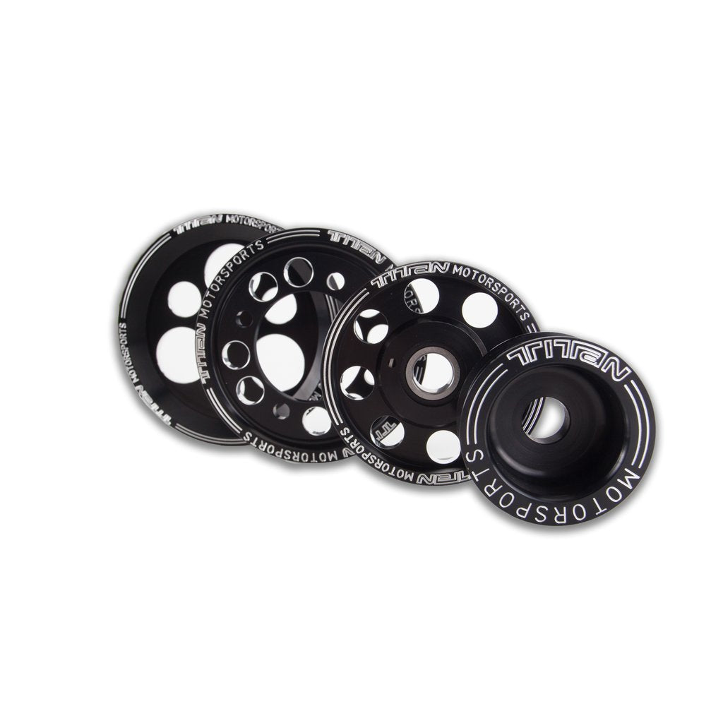 Titan Motorsports - JUEGO DE POLEAS DE ALUMINIO BILLET EDICIÓN NEGRA DE 4 PIEZAS CON POLEA LOCA PARA 2JZ/1JZ