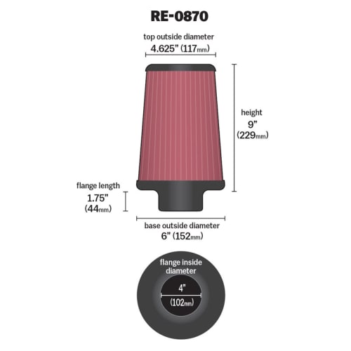 K&N - Universal Rubber Filter 4inch FLG / 6inch OD-B / 4-5/8inch OD-T / 9inch H (RE-0870)