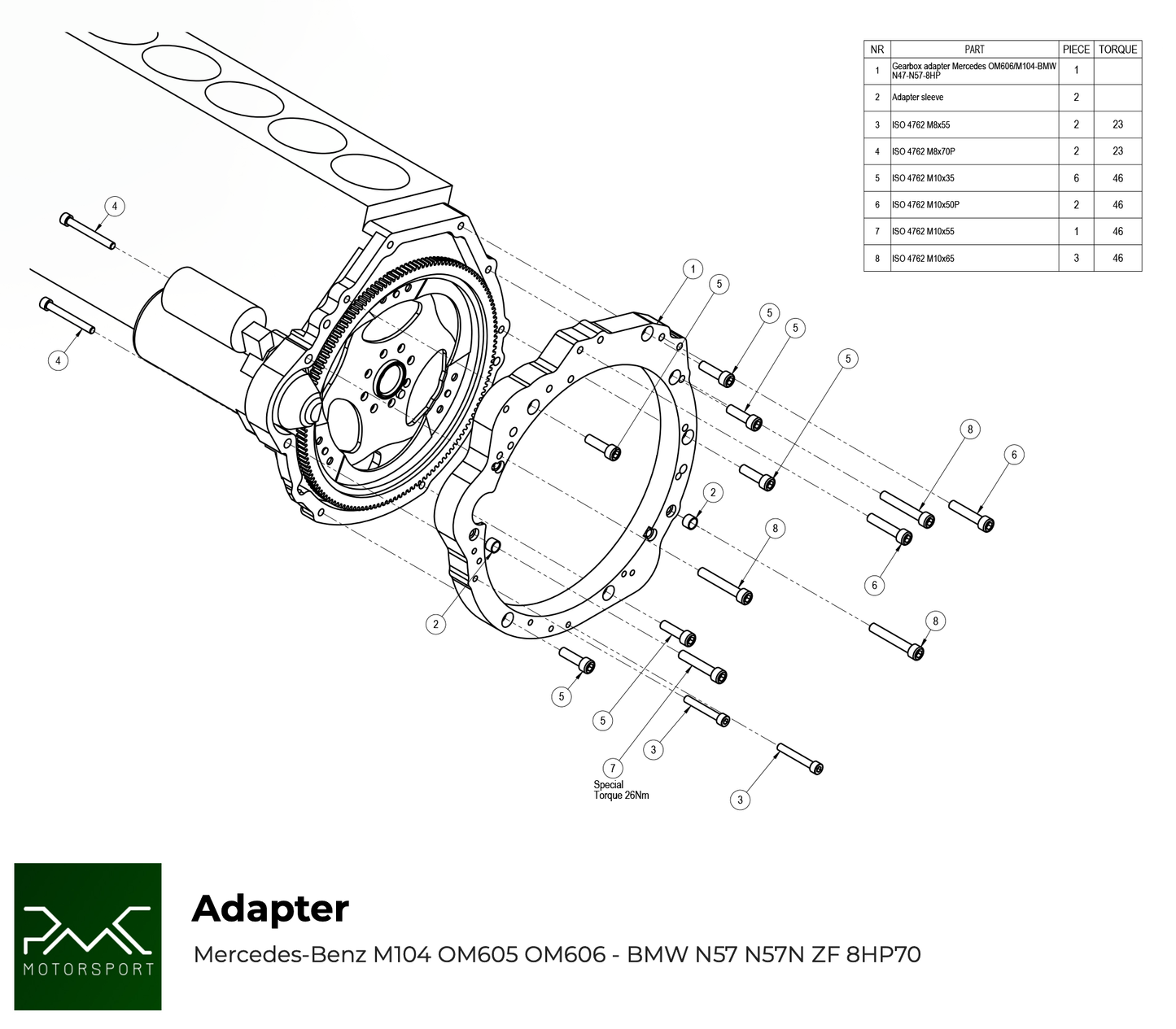 PMC Motorsport - Kit Adaptador Mercedes-Benz M104 OM605 OM606 - BMW N57N N57 ZF 8HP70 (A-M104-8HP)