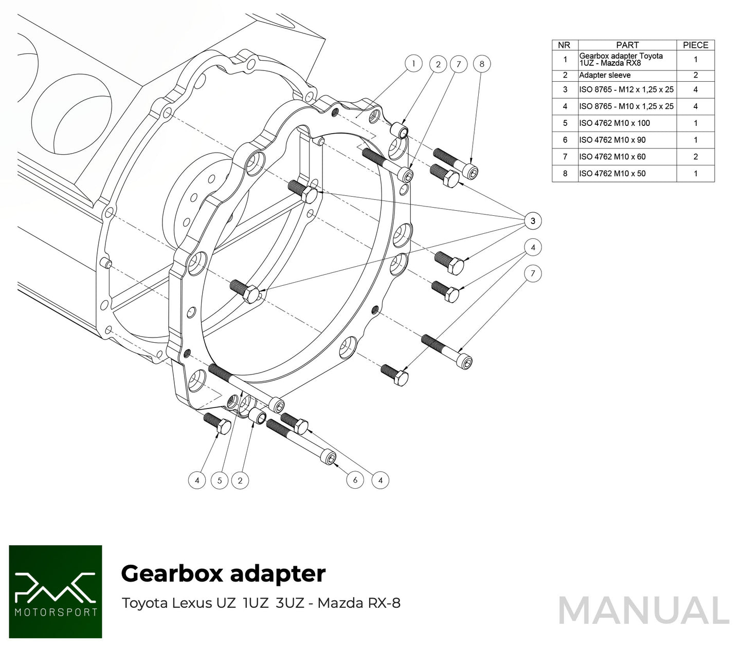 PMC Motorsport - Gearbox Adapter Plate Toyota UZ - Mazda RX-8 (F0RX8-UZ)