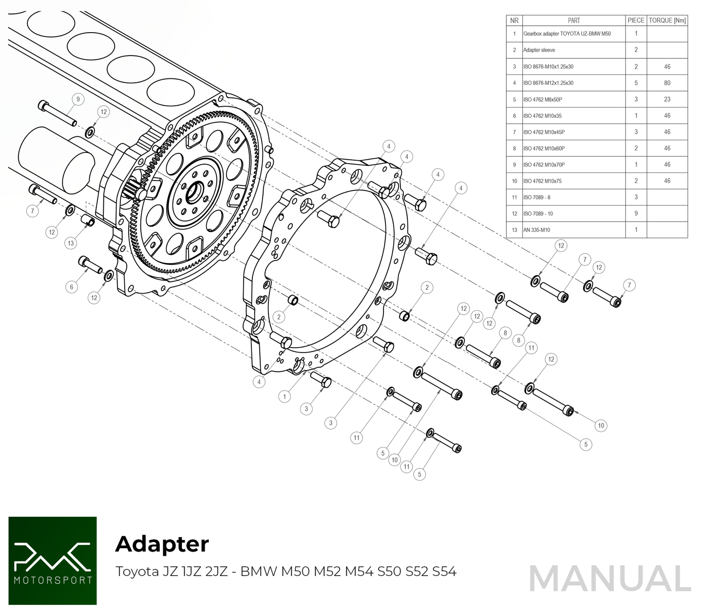PMC Motorsport - Adapter kit Toyota JZ - BMW M57 / E46 S54 M3 - 184mm / 7.25" (A-JZ-E46-184S)