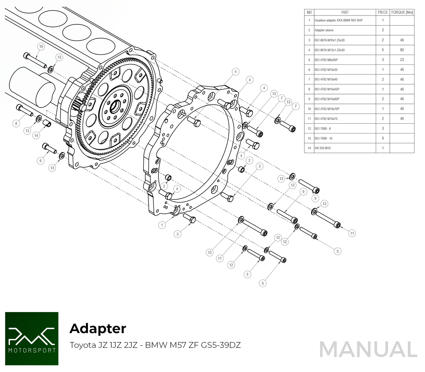 PMC Motorsport - Adapter kit Toyota JZ - BMW M57 / E46 S54 M3 - 184mm / 7.25" (A-JZ-E46-184S)
