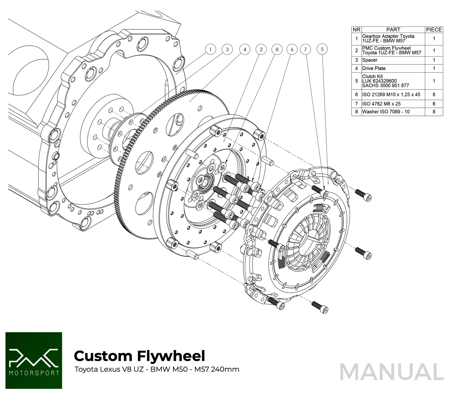 PMC Motorsport - Adapter kit Toyota UZ - BMW M50 S50 M52 S52 M54 - 240mm / 9.45" (A-UZ-M50-240)