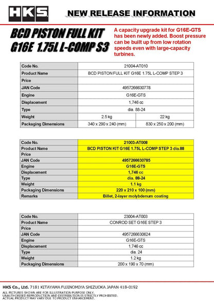 HKS BCD Piston Kit G16E 1.75L L-Comp S3 D88