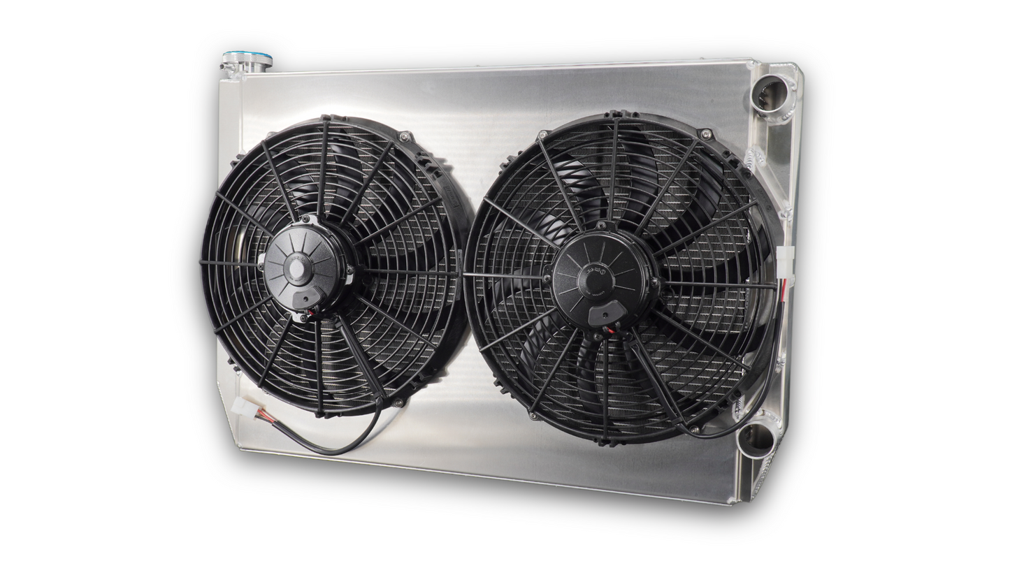 PWR - 55mm Universal Performance Radiator Module (PWR Open 28″ x 19″) W/ Dual 13″ SPAL Fans, 1-1/2″ Inlet and Outlet