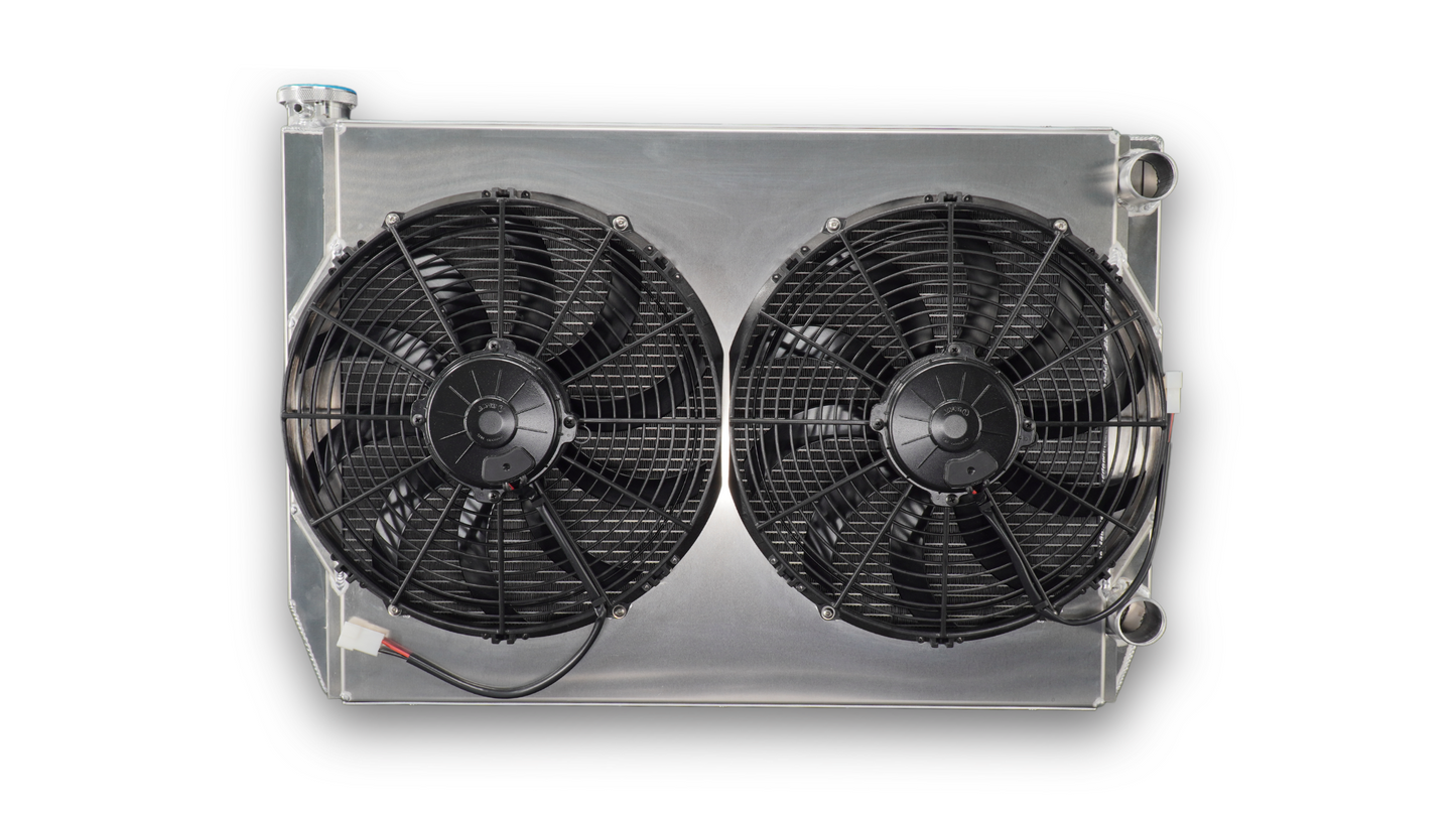 PWR - 55mm Universal Performance Radiator Module (PWR Open 28″ x 19″) W/ Dual 13″ SPAL Fans, 1-1/2″ Inlet and Outlet