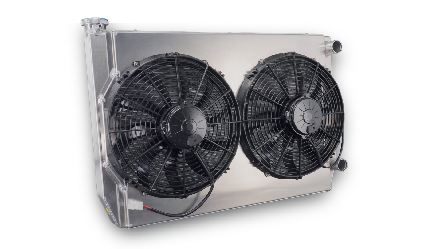 PWR - 55mm Universal Performance Radiator Module (PWR Open 28″ x 19″) W/ Dual 13″ SPAL Fans, 1-1/2″ Inlet and Outlet