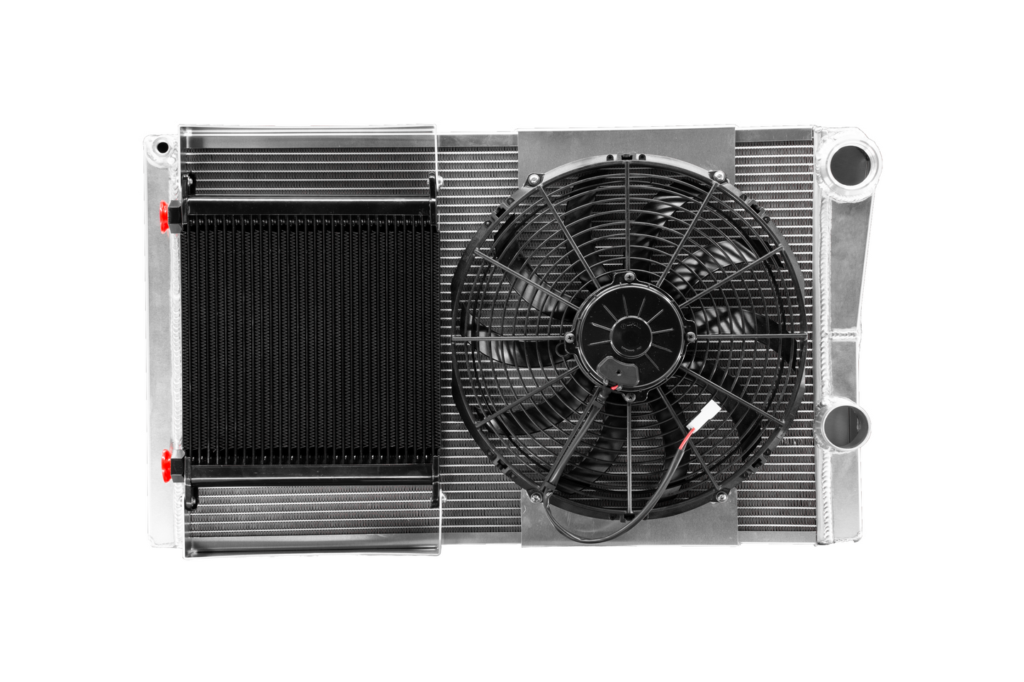 PWR - Radiator Module Lightweight Late Model Ext.Tube Closed 27.5" x 16.26" 1-3/4" Outlet w/ 13" Spal Fan & PWR EOC w/ 9" Spal Fan