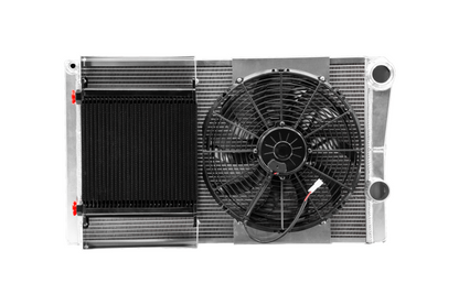 PWR - Radiator Module Lightweight Late Model Ext.Tube Closed 27.5" x 16.26" 1-3/4" Outlet w/ 13" Spal Fan & PWR EOC w/ 9" Spal Fan