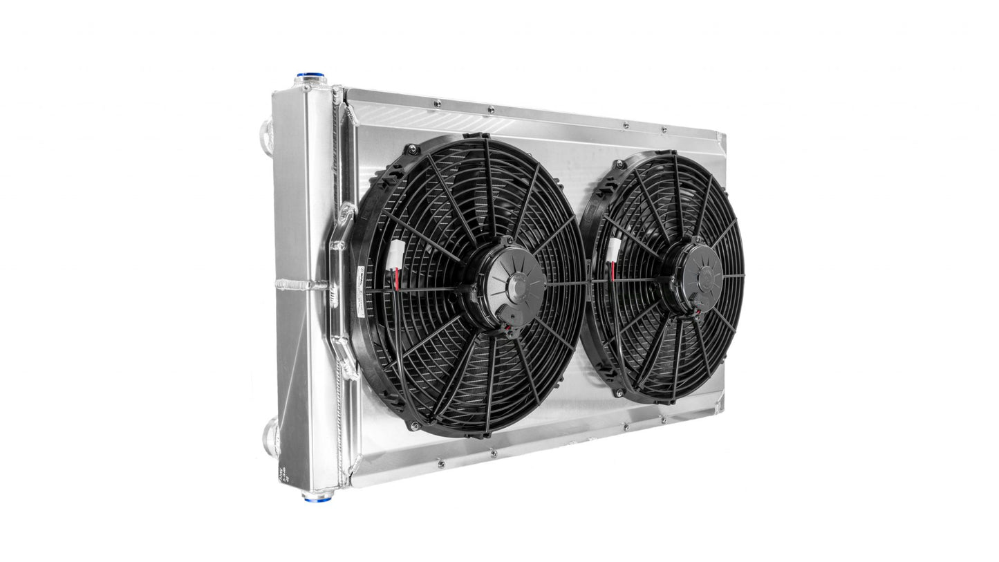 PWR  - Universal Drift Radiator Module 31.5 Inch x 18.5 Inch Double Pass Closed w/ Side Ports  Dual 14 Inch Fans and Shroud