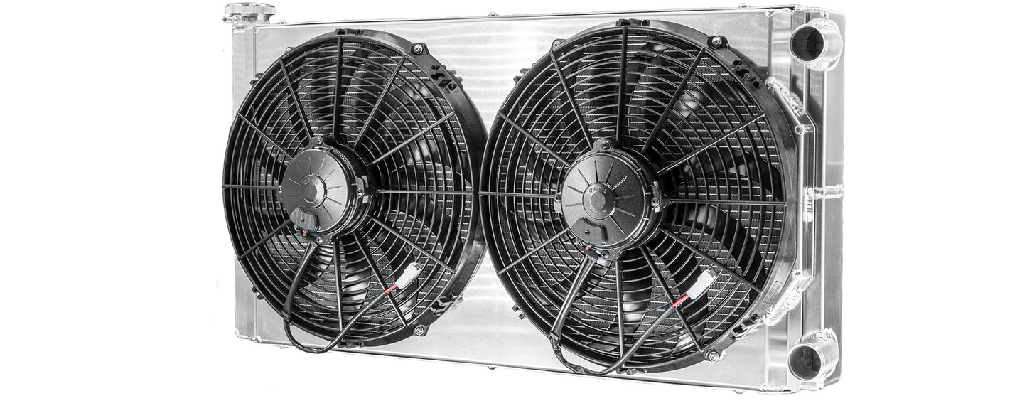 PWR  - 55mm Universal Performance Radiator Module (PWR Open 31” x 16”) W/ Dual 14″ SPAL Fans, 1-1/2″ Inlet and Outlet