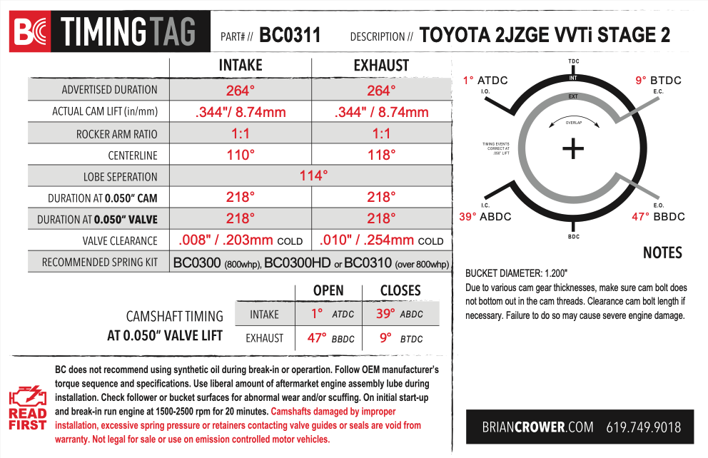 Brian Crower Toyota/Lexus IS300/GS300-2JZGE Camshafts - Stage 2 - 264 Spec