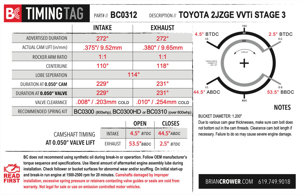 Brian Crower Toyota/Lexus IS300/GS300-2JZGE Camshafts - Stage 3 - 272 Spec