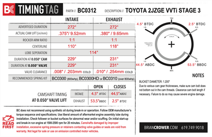 Brian Crower Toyota/Lexus IS300/GS300-2JZGE Camshaft - Stage 3 - INTAKE ONLY