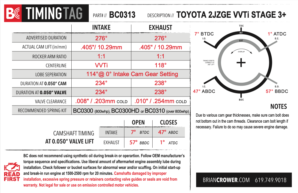 Brian Crower Toyota/Lexus IS300/GS300 - 2JZGE w/VVTi Camshafts - Stage 3+ - 276 Spec (Set of 2)