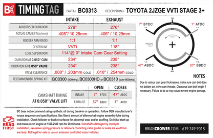 Brian Crower Toyota/Lexus IS300/GS300 - 2JZGE w/VVTi Camshafts - Stage 3+ - 276 Spec (Set of 2)