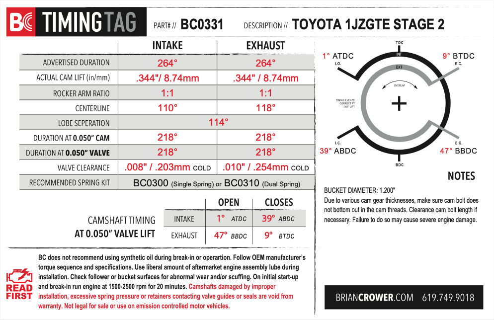 Brian Crower Toyota 1JZGTE Camshafts - Stage 2 - 264 Spec