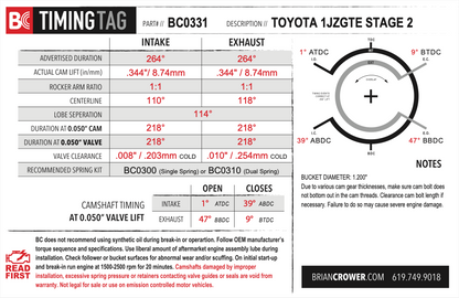 Brian Crower Toyota 1JZGTE Camshafts - Stage 2 - 264 Spec