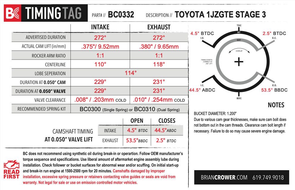 Brian Crower Toyota 1JZGTE Camshafts - Stage 3 - 272 Spec