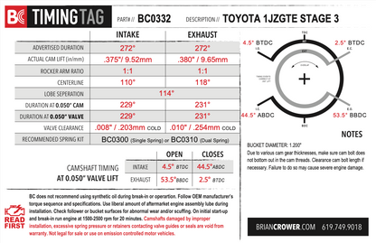 Brian Crower Toyota 1JZGTE Camshafts - Stage 3 - 272 Spec